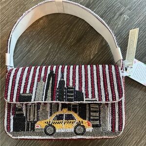 Viral Cityscape Beaded Shoulder Bag with Taxi.